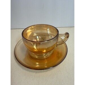 Vintage Amber Carnival Glass Teacup and Saucer Iridescent Depression Era